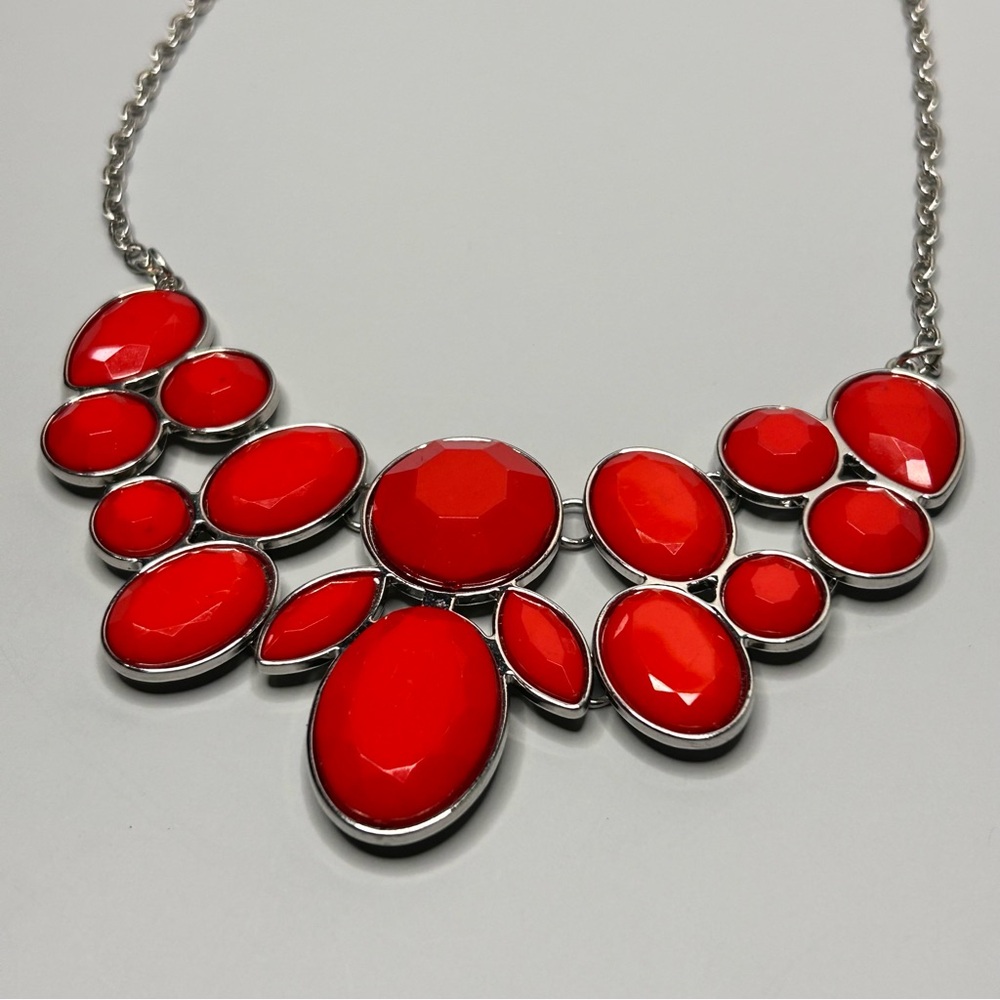 Bright Red Bold Silver Tone Statement Necklace - image 3